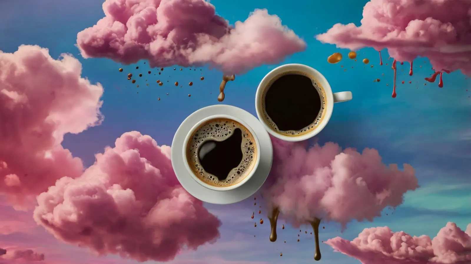 Two steaming cups of coffee resting atop colorful clouds art canvas by DesignDoodle