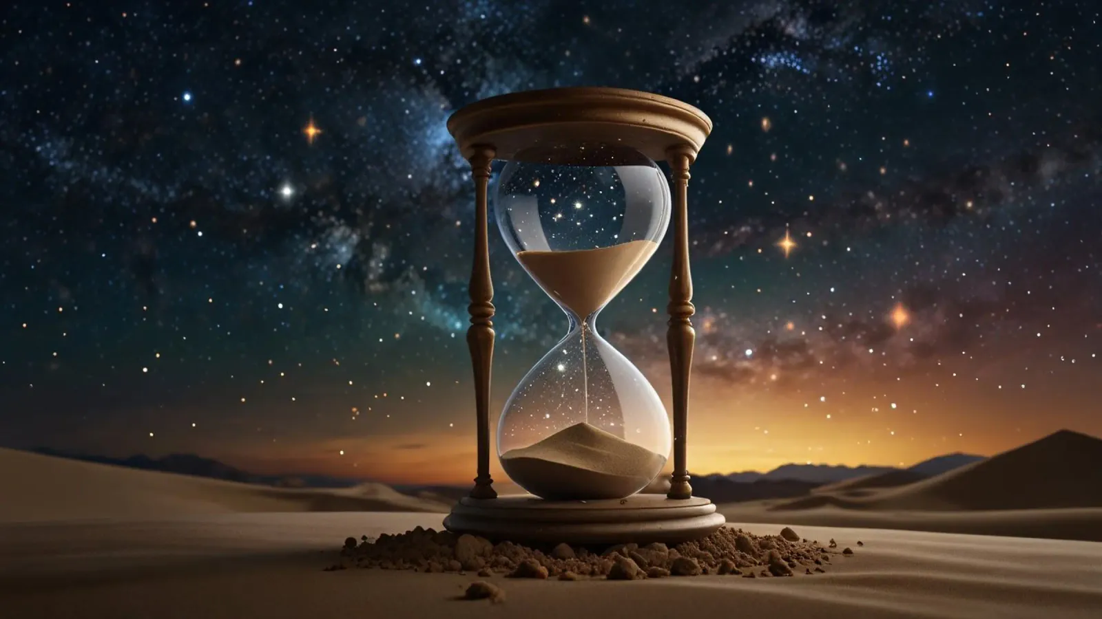 hourglass resting on desert sands under a starry night sky hahnemühle by DesignDoodle