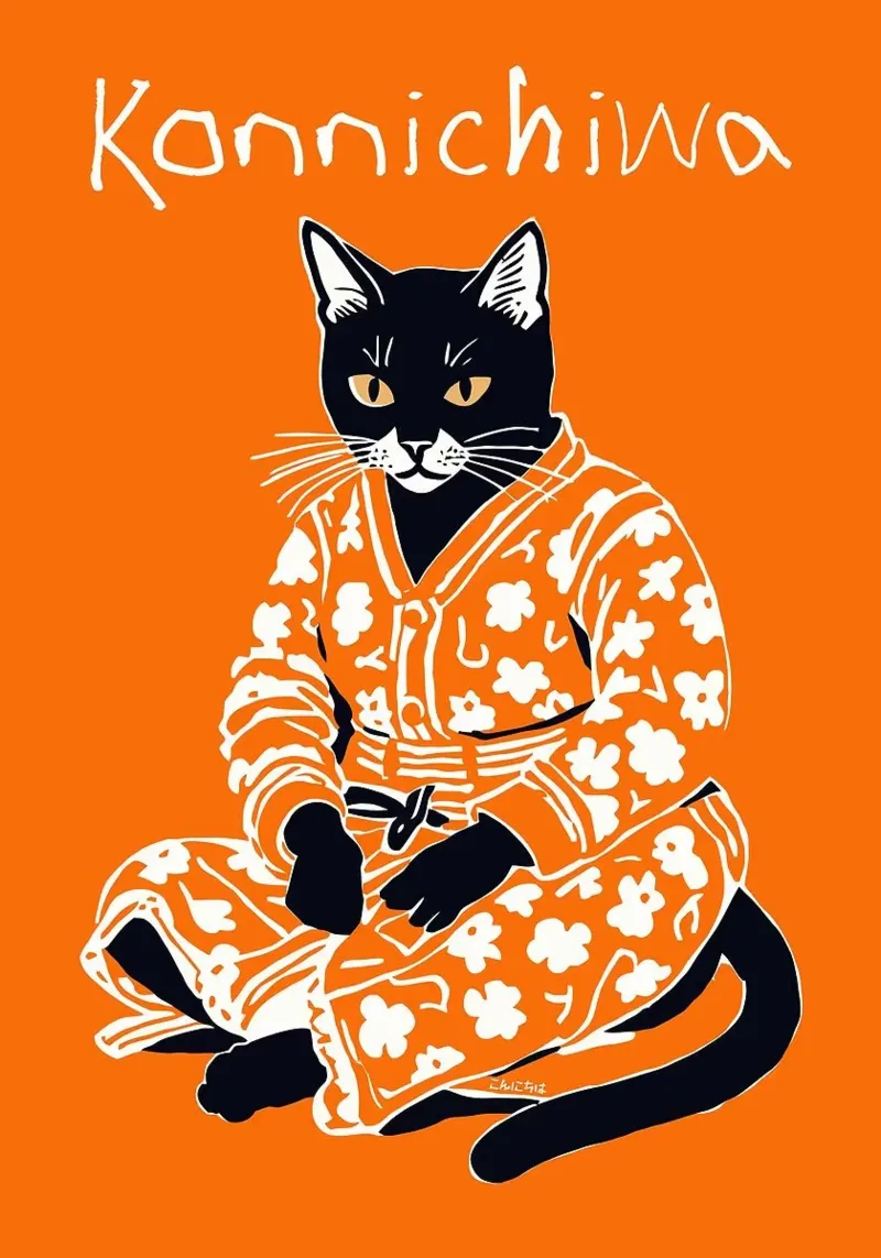 kat die kimono draagt poster met aluminium frame van John C Labut