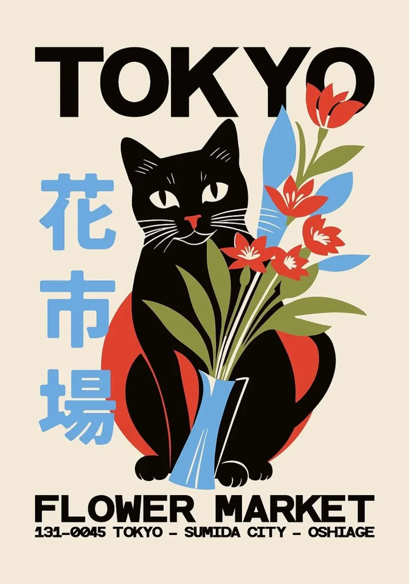 fleur de chat noir poster avec cadre en bois de John C Labut