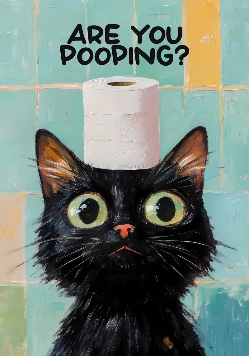 gatto carta igienica occhi grandi piastrelle bagno umorismo testo poster con telaio in legno da Ashish Kashyap