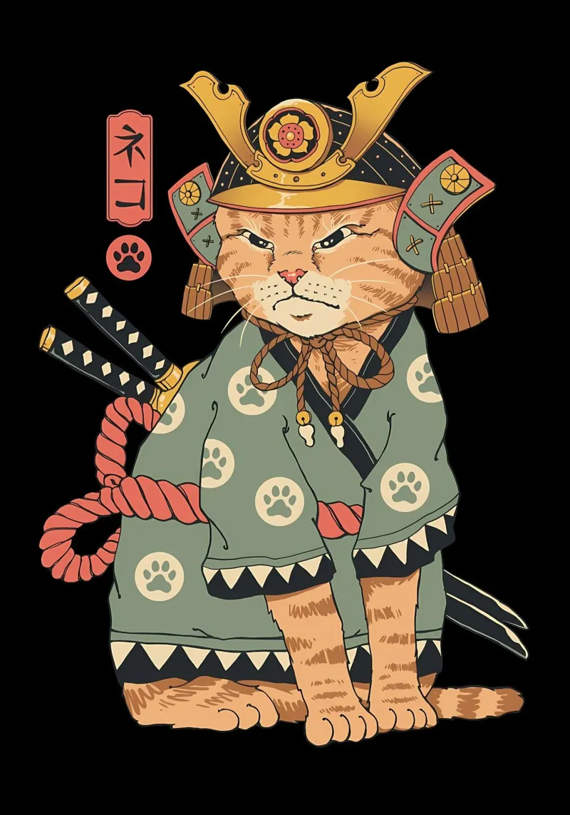 gatto samurai elmo katana armatura impronte di zampa fusciacca pellicola backlit da Ashish Kashyap