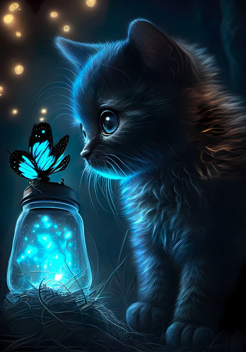 kitten jar butterfly bioluminescent blue glow lights eyes acrylic glass by Ashish Kashyap