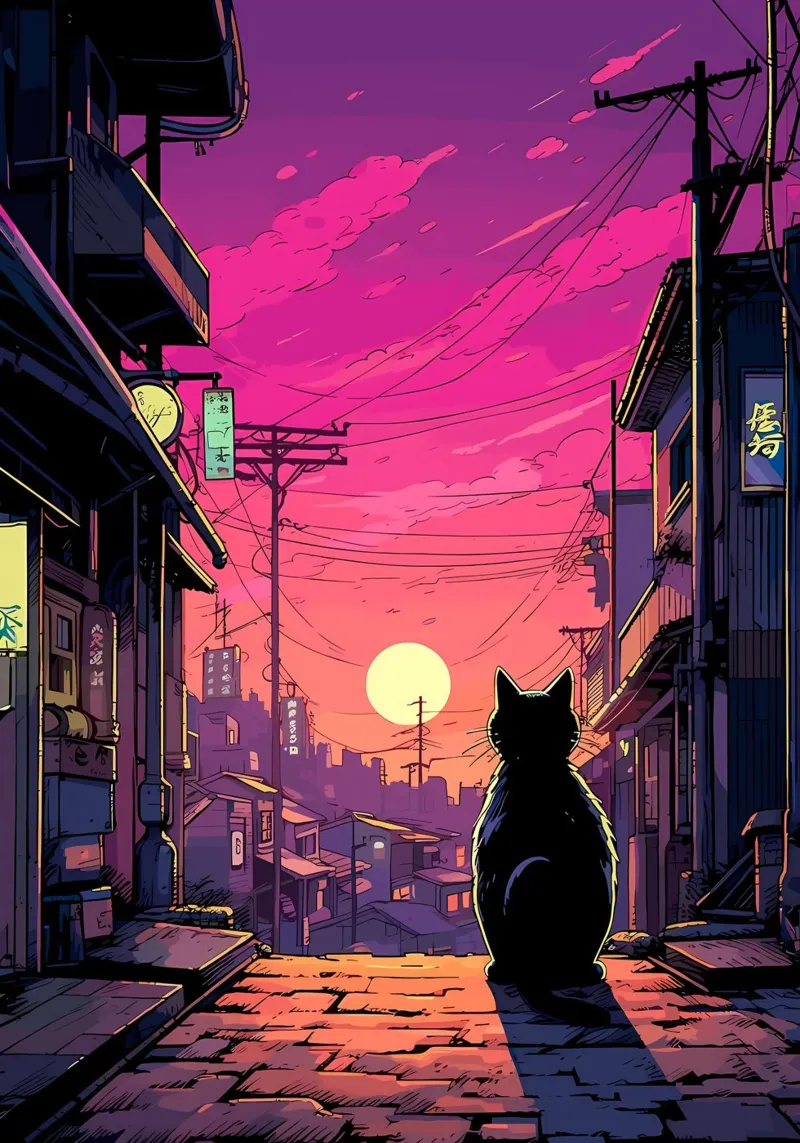 gatto silhouette tramonto scena urbana strada edifici power-lin poster con telaio in alluminio da Ashish Kashyap