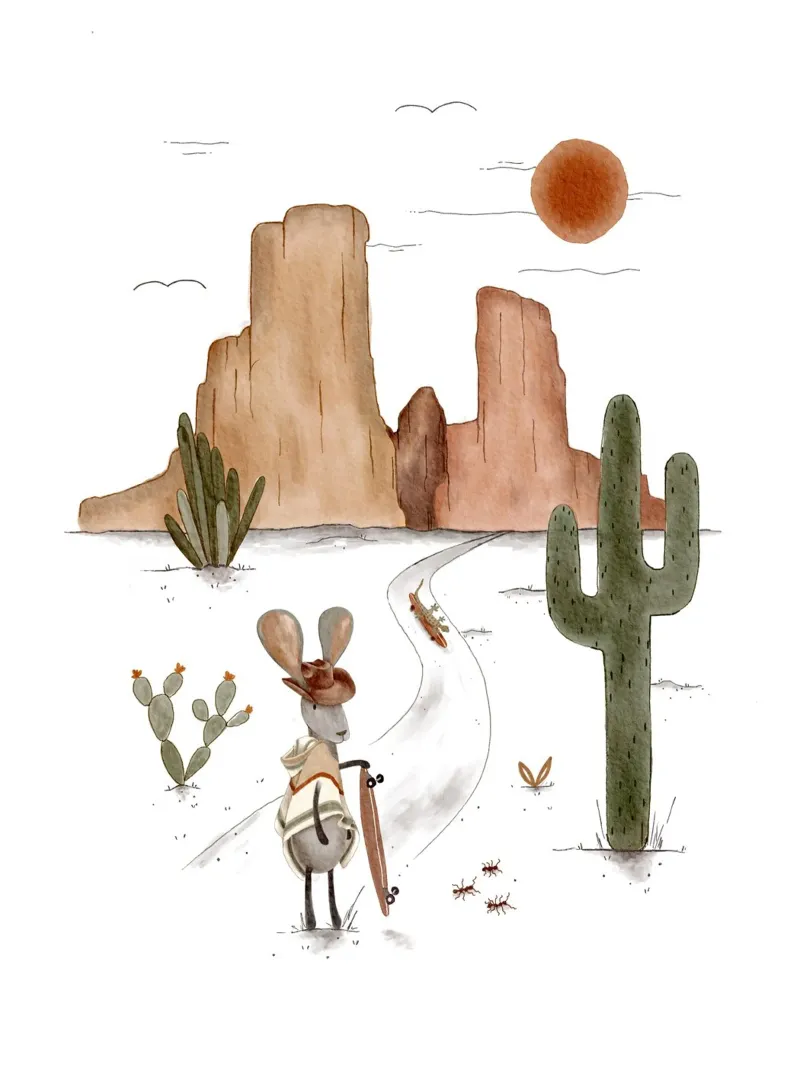 Boho Desert Explorer Jackrabbit Arte da parete poster con telaio in legno da Urchin Bay Art