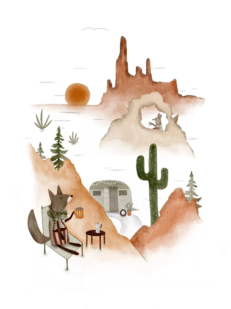 Falò del deserto Boho con Coyote poster con telaio in legno da Urchin Bay Art