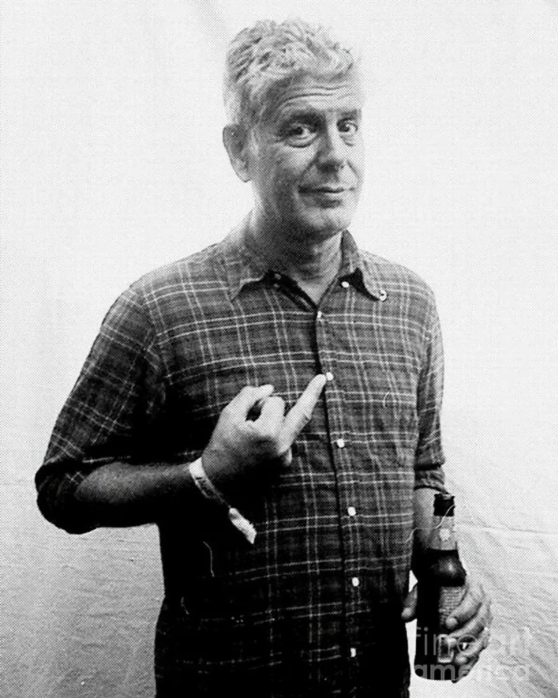Anthony Bourdain Middle Finger and Drinking Beer canvas with Floater frame by Beth Pop Culture