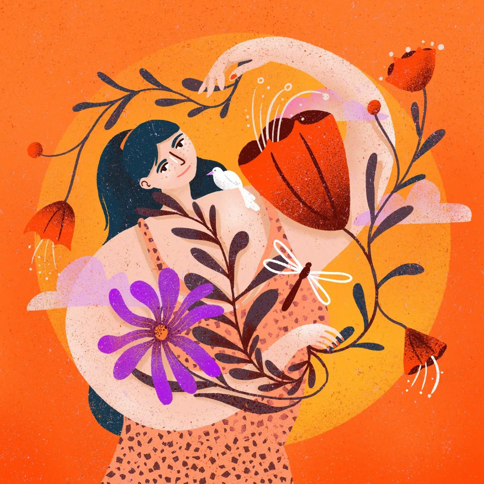 Femme joyeuse avec des fleurs devant le soleil hahnemühle de Bold & Beautiful