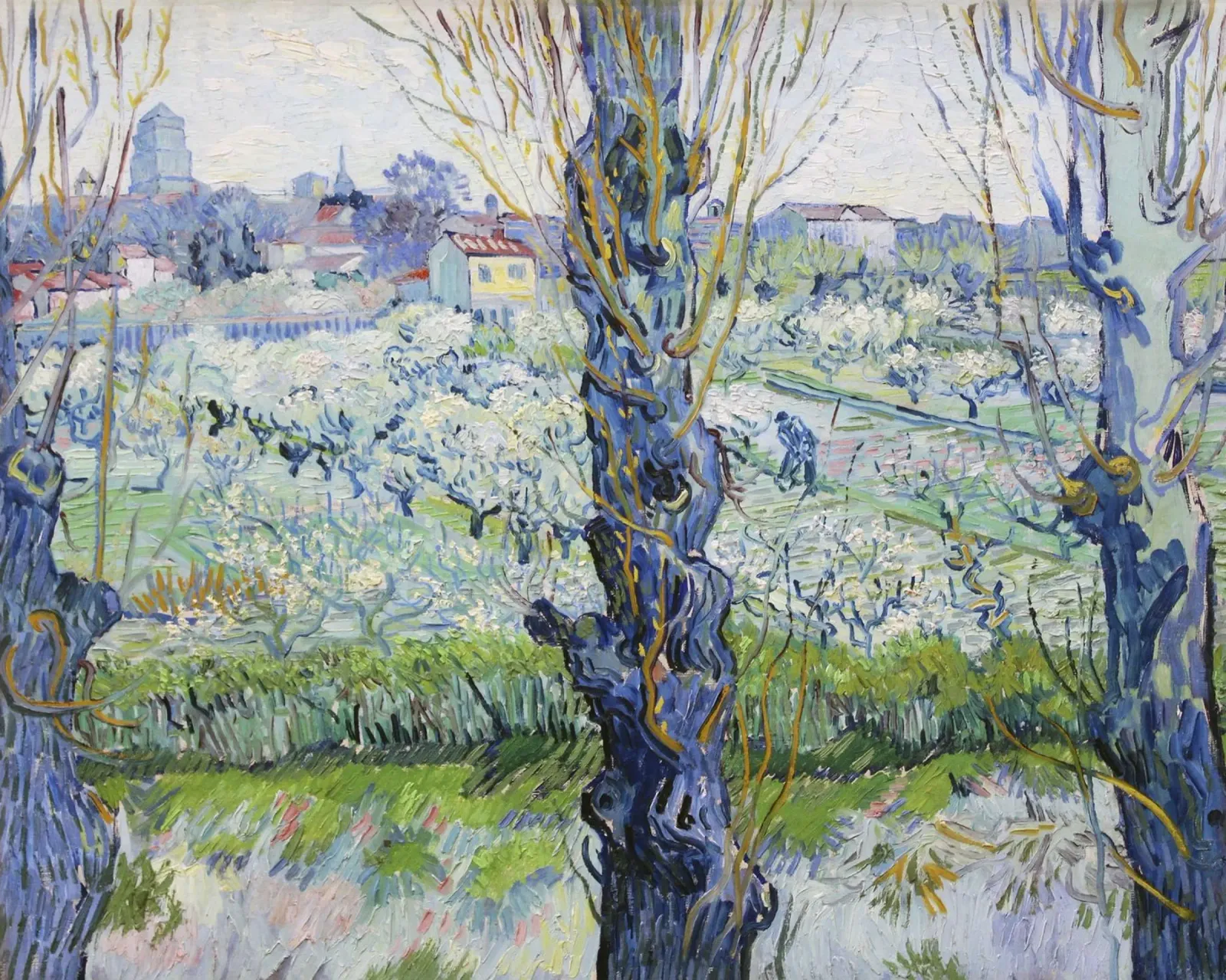 Veduta di Afrles, frutteti in fiore, di Vincent van Gogh (1889) poster con telaio in alluminio da Van Gogh Prints