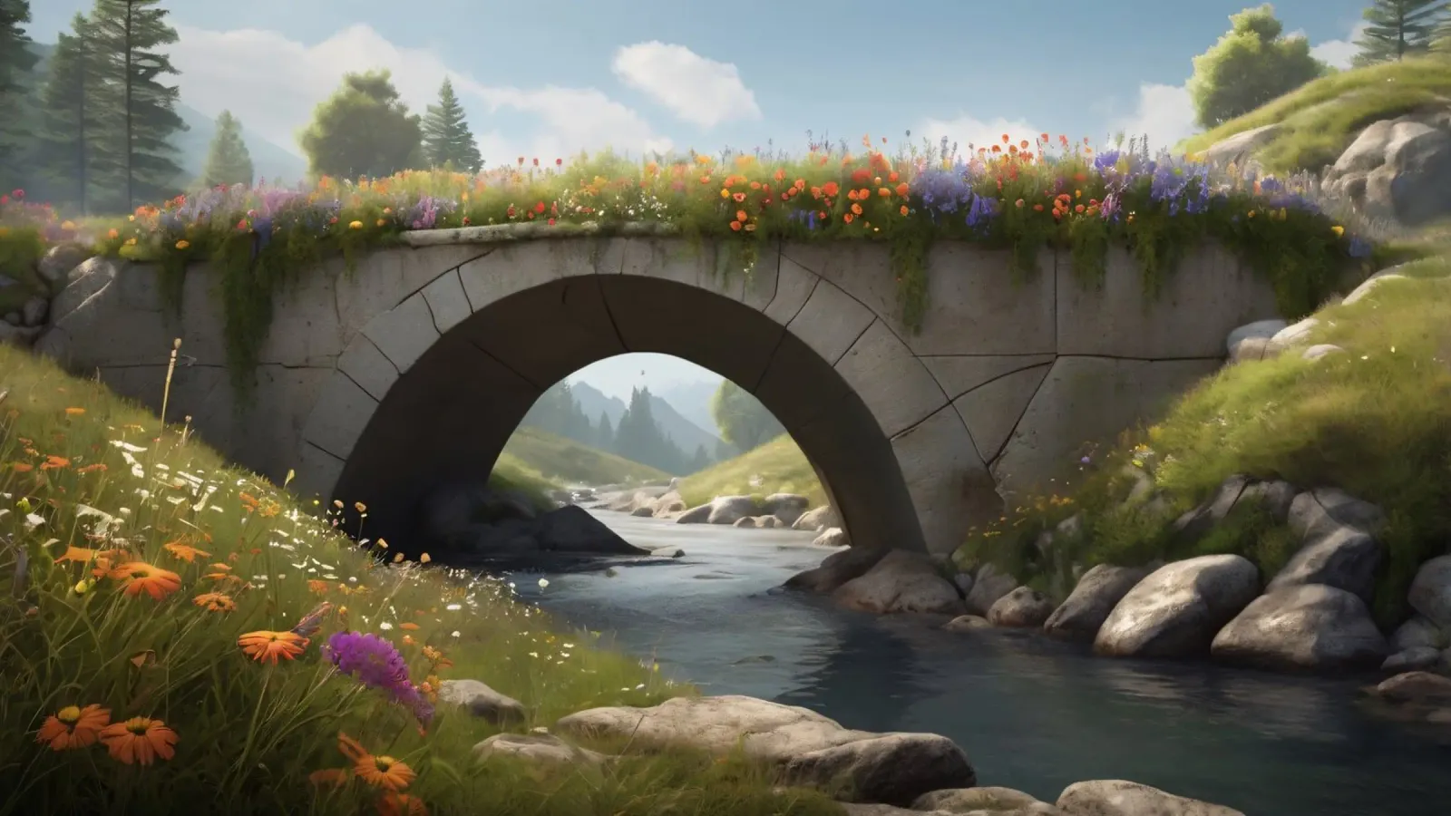 Un ponte tranquillo ornato di fiori selvatici attraversa pellicola backlit da DesignDoodle