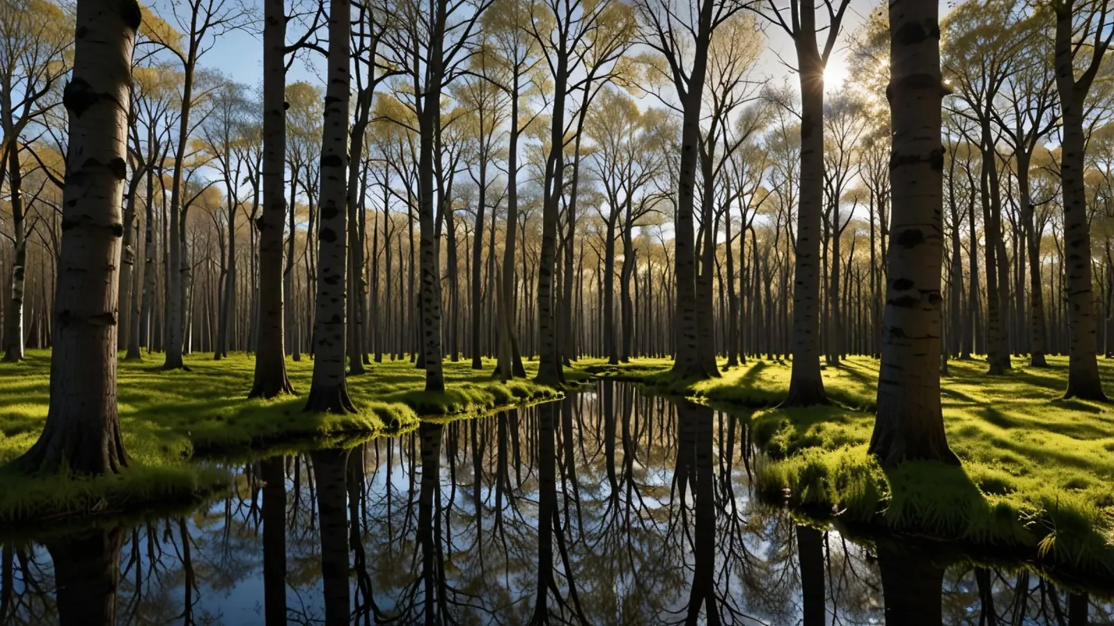 rustig boslandschap met reflecterende vijver hahnemühle van DesignDoodle