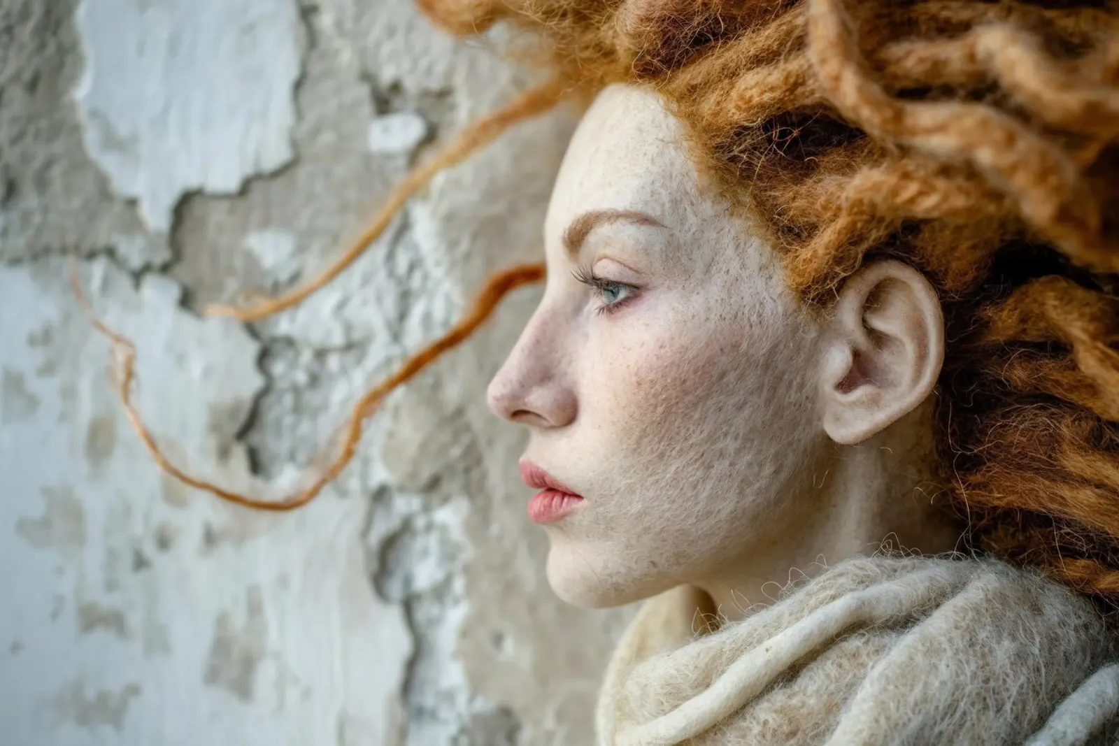 Scultura in lana con capelli rossi di profilo pellicola backlit da Lisa Artifexia