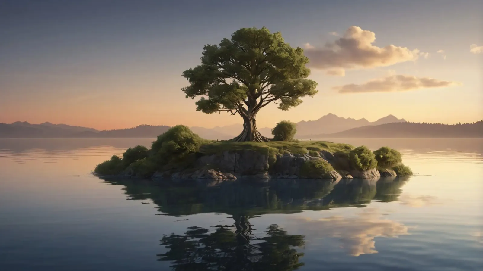 Vue matinale d'un arbre solitaire au sommet d'une petite île hahnemühle de DesignDoodle