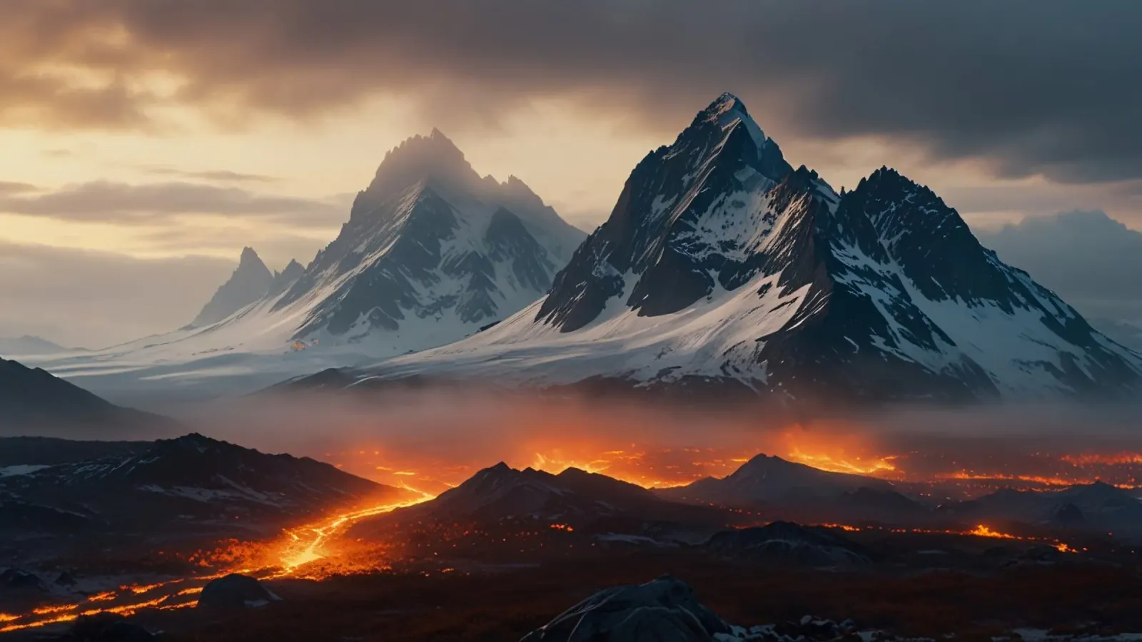 Montagne maestose incombono su un fiume di lava incandescente al tramonto pellicola backlit da DesignDoodle