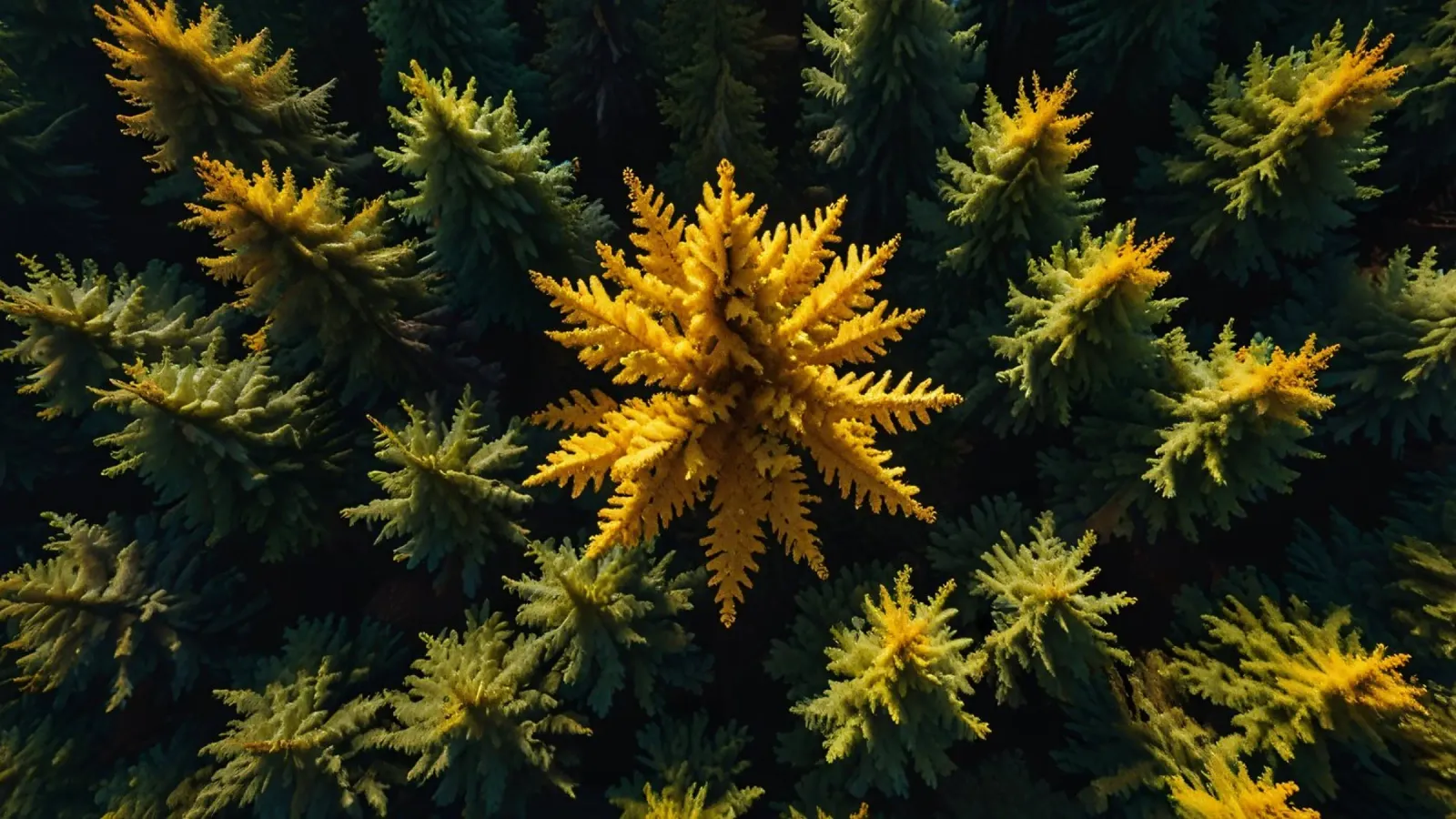 L'albero giallo spicca tra le conifere verdi e tranquille. pellicola backlit da DesignDoodle