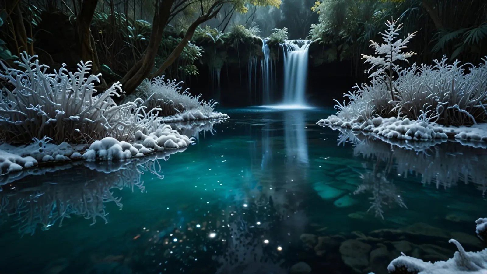 A serene winter waterfall shimmering under the moonlight in canvas by DesignDoodle