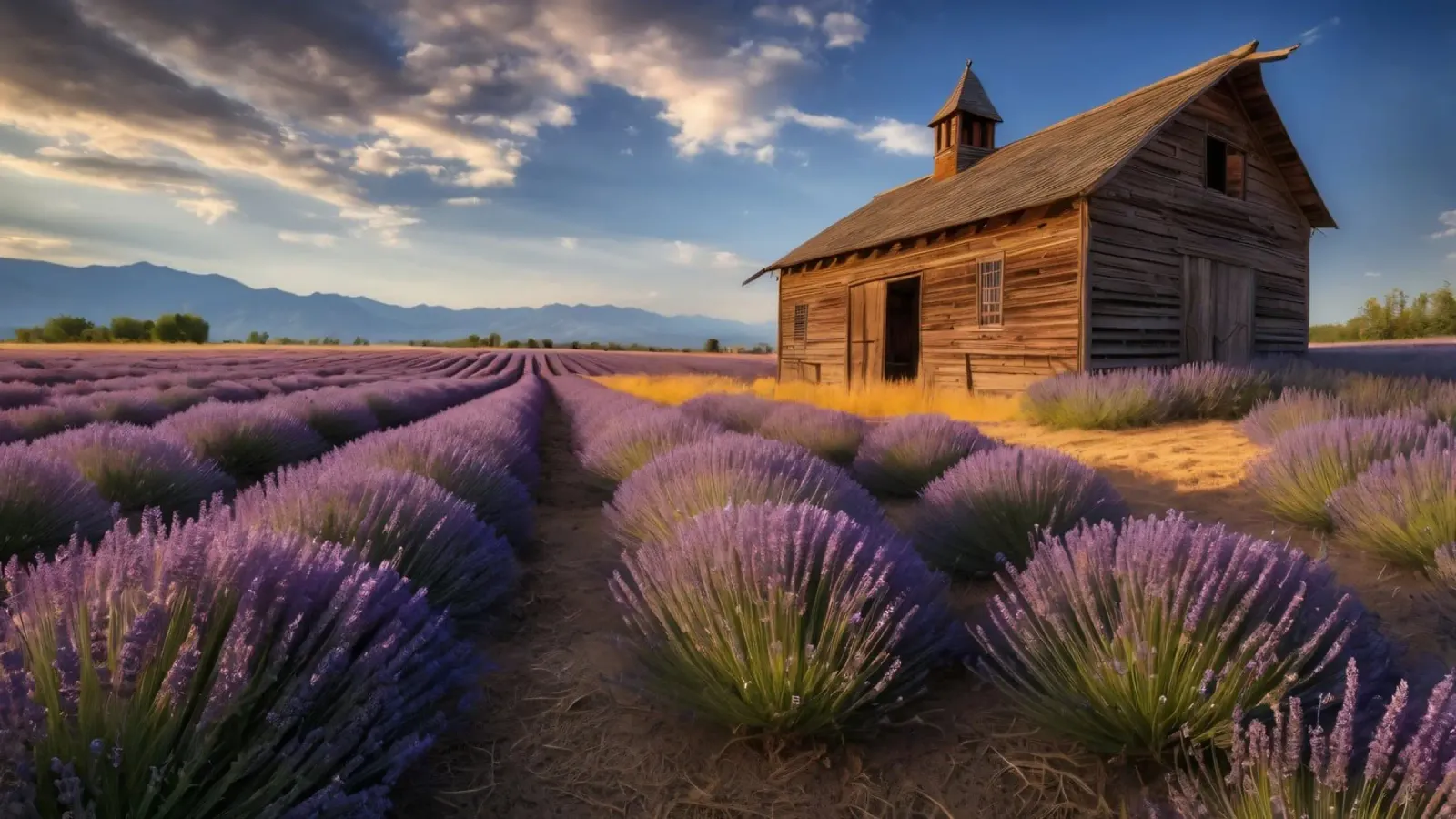 Campi di lavanda sotto un cielo limpido con un rustico fienile di legno pellicola backlit da DesignDoodle