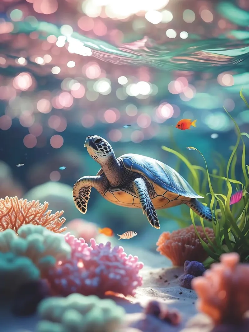 🪸🐢 Tortue de mer - Jeu de lumière dans le récif corallien poster avec cadre en plastique de Trinkets NL Design Studio
