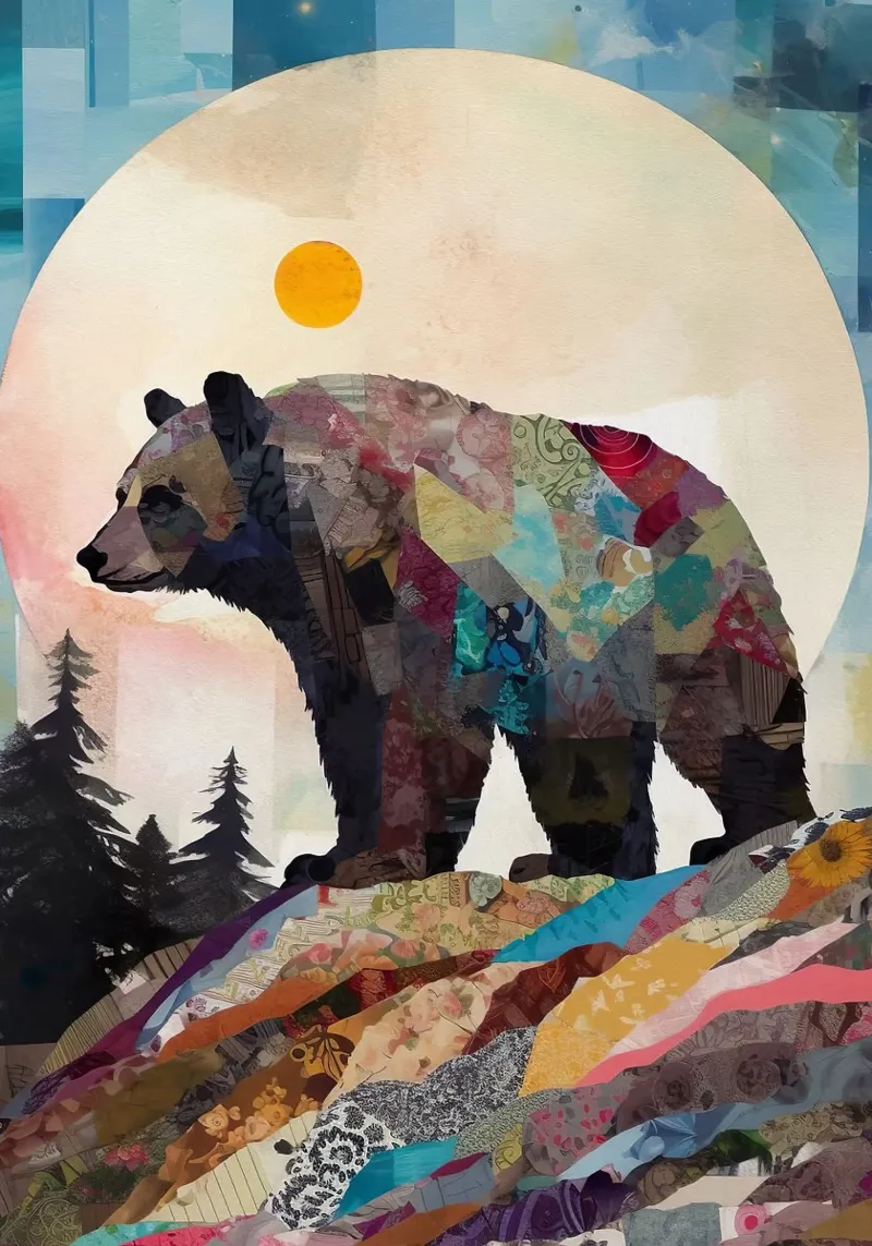 orso sole luna foresta alberi montagna silhouette patchwork col carta hahnemühle da minerva santiago
