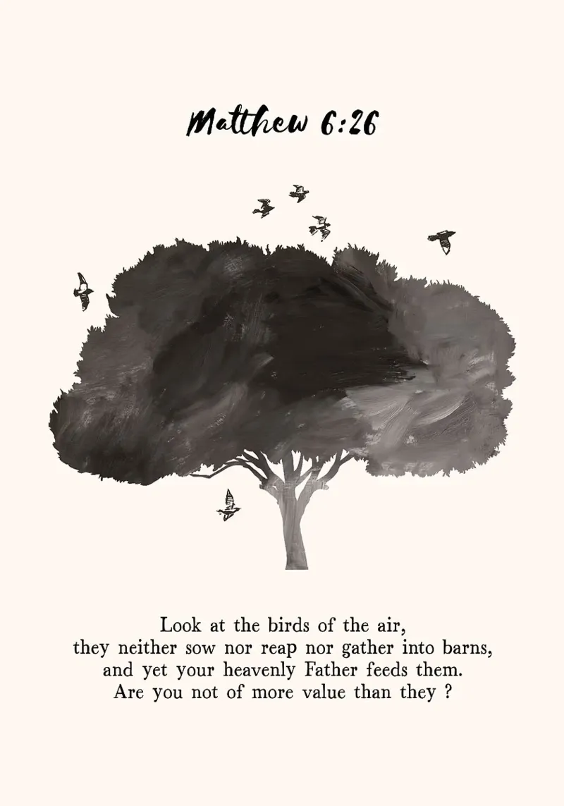 tree birds bible-verse biblical-reference text silhouette na canvas with Floater frame by minerva santiago