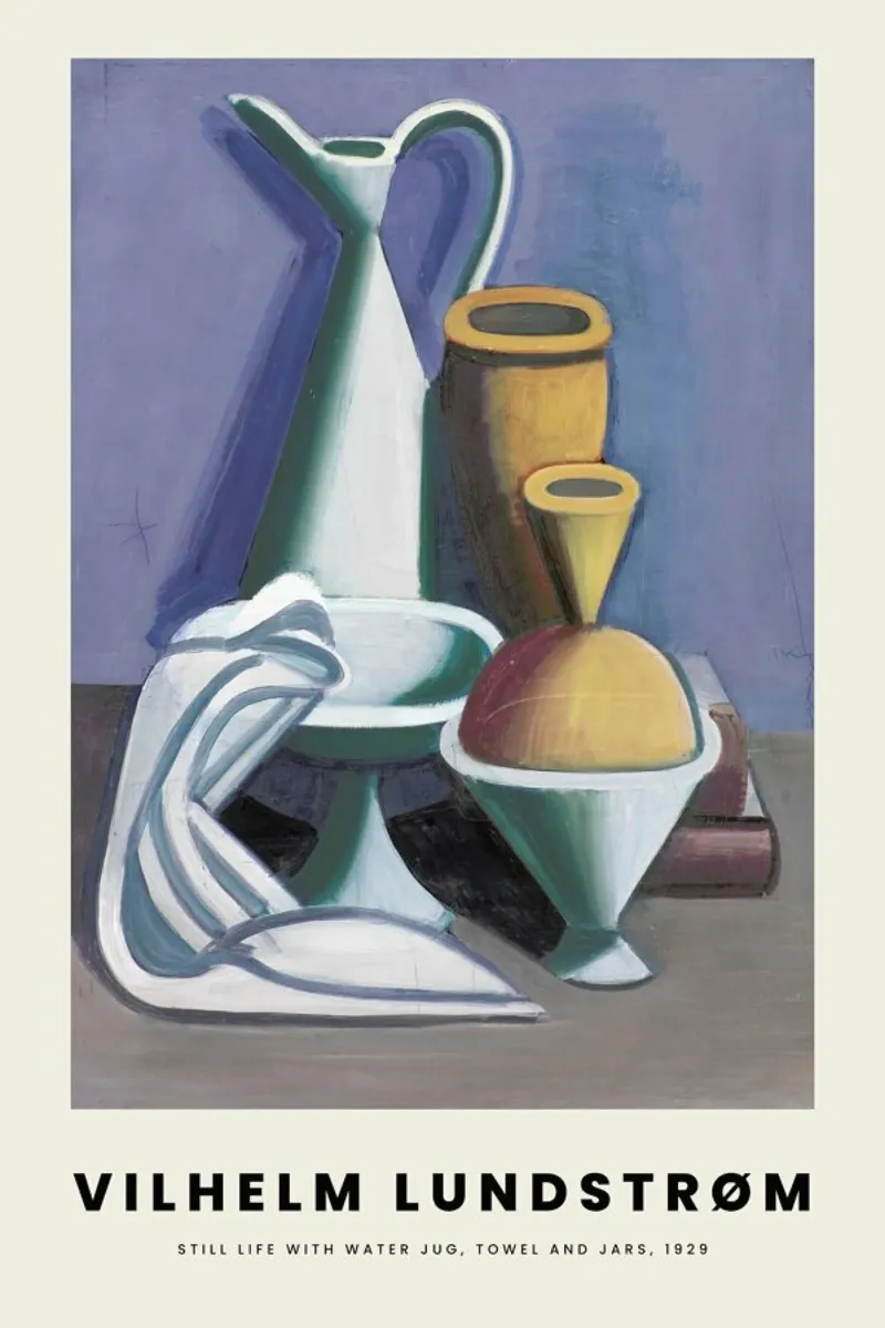 Lundstrøm - Still Life with Water Jug, Towel and Jars poster con telaio in alluminio da Vintage by JUNIQE