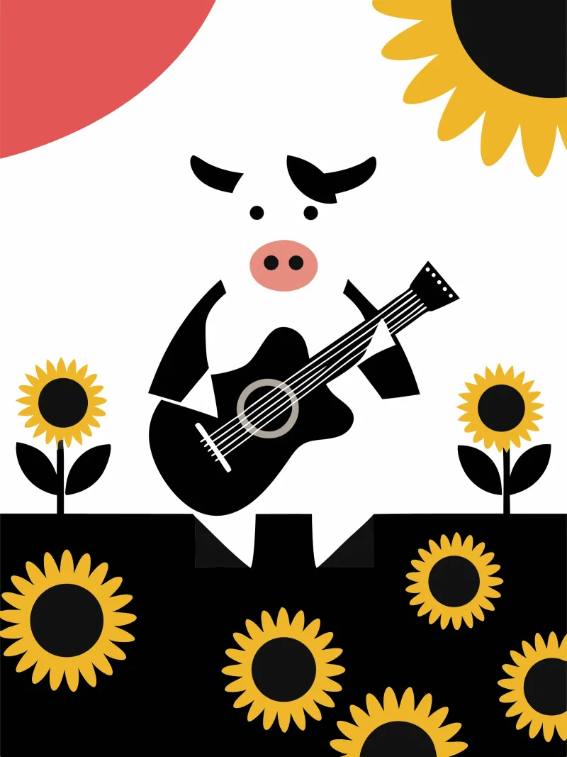 Mucca che suona la chitarra poster con telaio in alluminio da LOOK DIFFERENT