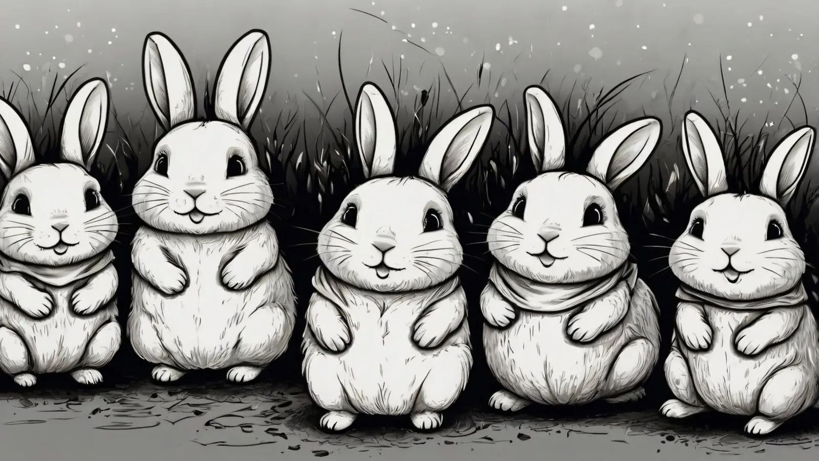 Cinco adorables conejos se sientan juntos en una zona de hierba lámina retroiluminada de DesignDoodle