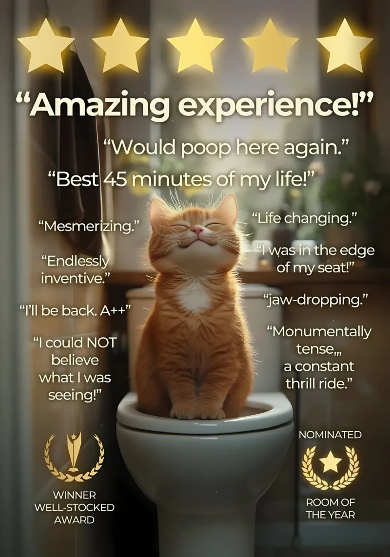 gatto da toilette cinque stelle umorismo citazioni divertenti pavimento in legno asciugamano poster da Ashish Kashyap
