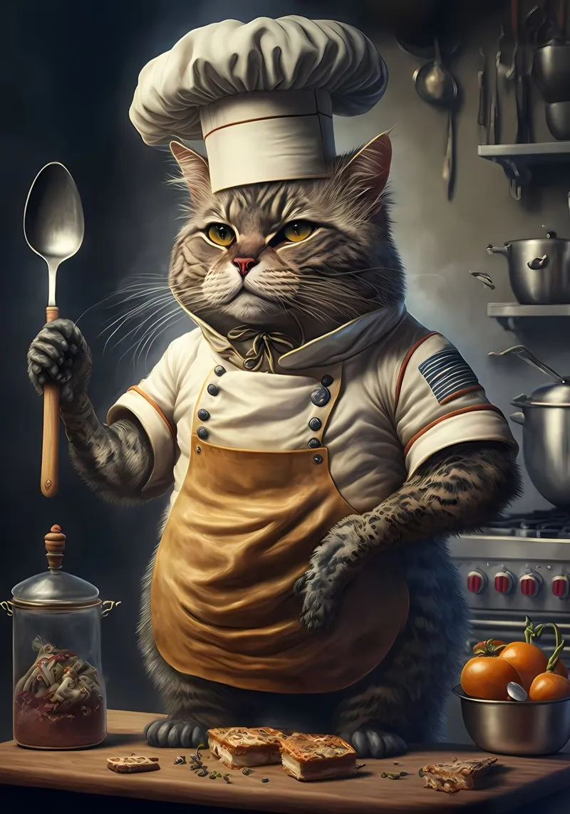 chef gatto soriano gatto chef cappello grembiule cucina cucina cucchiaio stov pellicola backlit da Ashish Kashyap