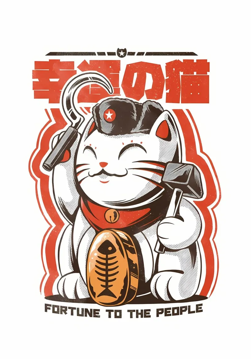maneki-neko glückskatze katze hammer sichel stern rot-beret neckt Poster mit Holzrahmen von Ashish Kashyap