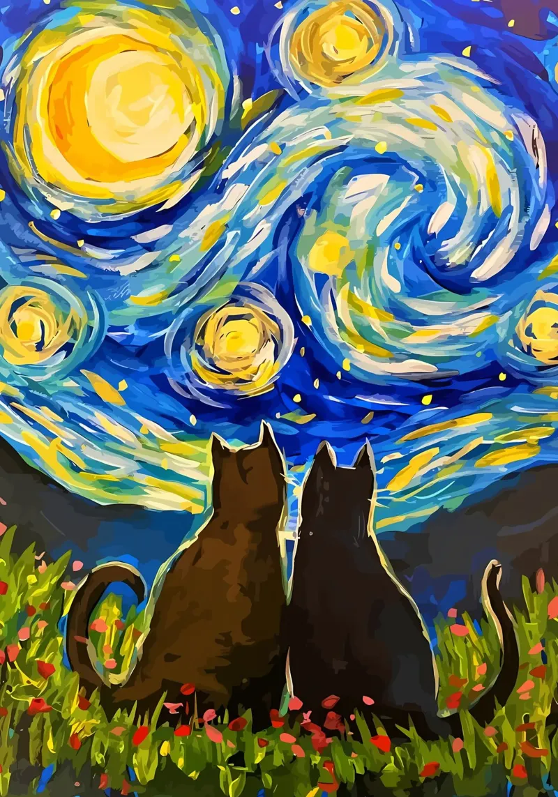 chat ciel étoilé scène de nuit motifs tourbillonnants lune fleurs f poster avec cadre en bois de Ashish Kashyap