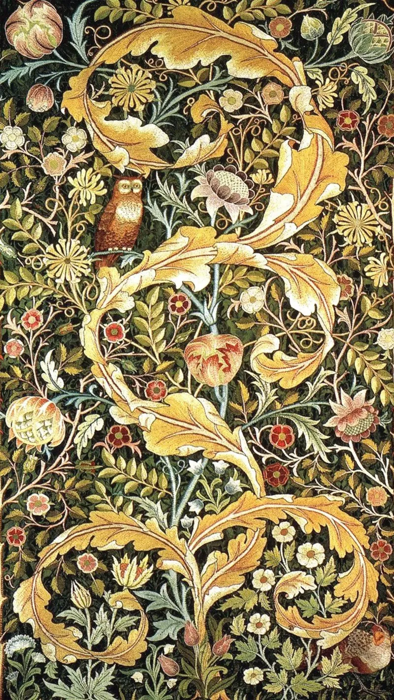 gufo selvatico appollaiato sulle foglie william morris poster con telaio in legno da komo store