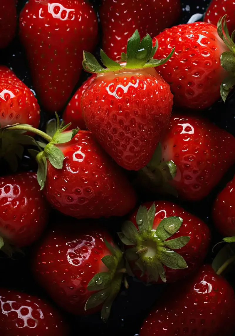 fragole frutta rossa bacche fresche e succose mature foglie verdi poster con telaio in plastica da Luke Yaeger