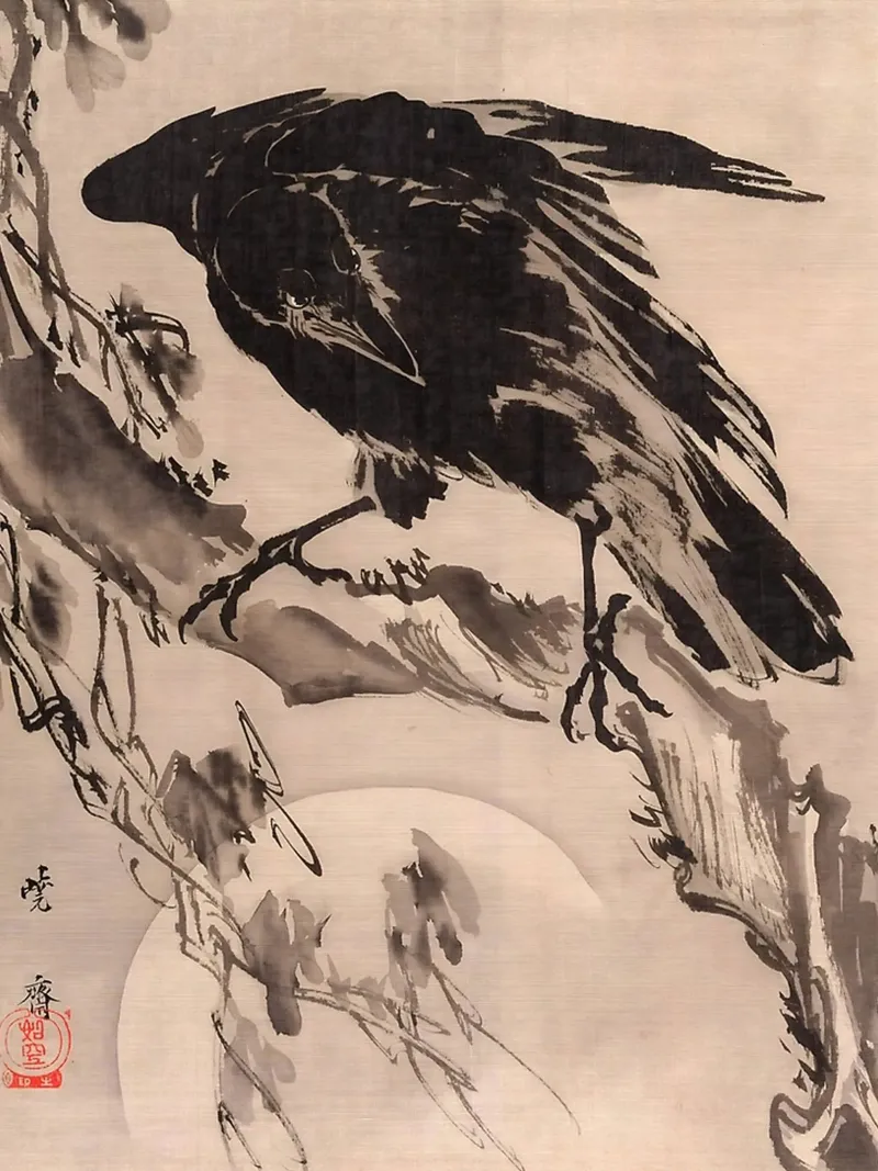 Kawanabe Kyōsai. Crow and the Moon pellicola backlit da GoArt