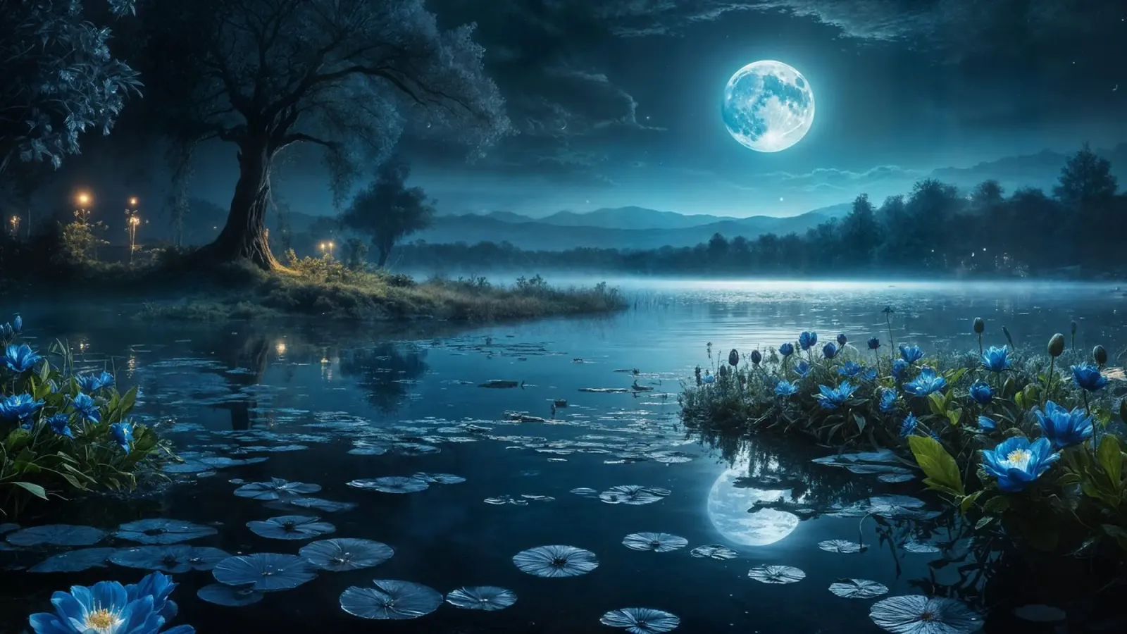 Luna blu sul lago poster con telaio in legno da Wild Beauty
