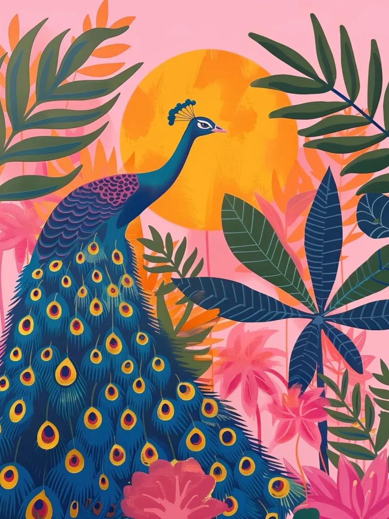 Boho Peacock Moonlit Selva tropical con palmeras rosas metacrilato de Gentle Echoes Art