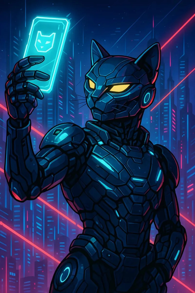 Un gato robot se hace un selfie punk metacrilato de MakArena