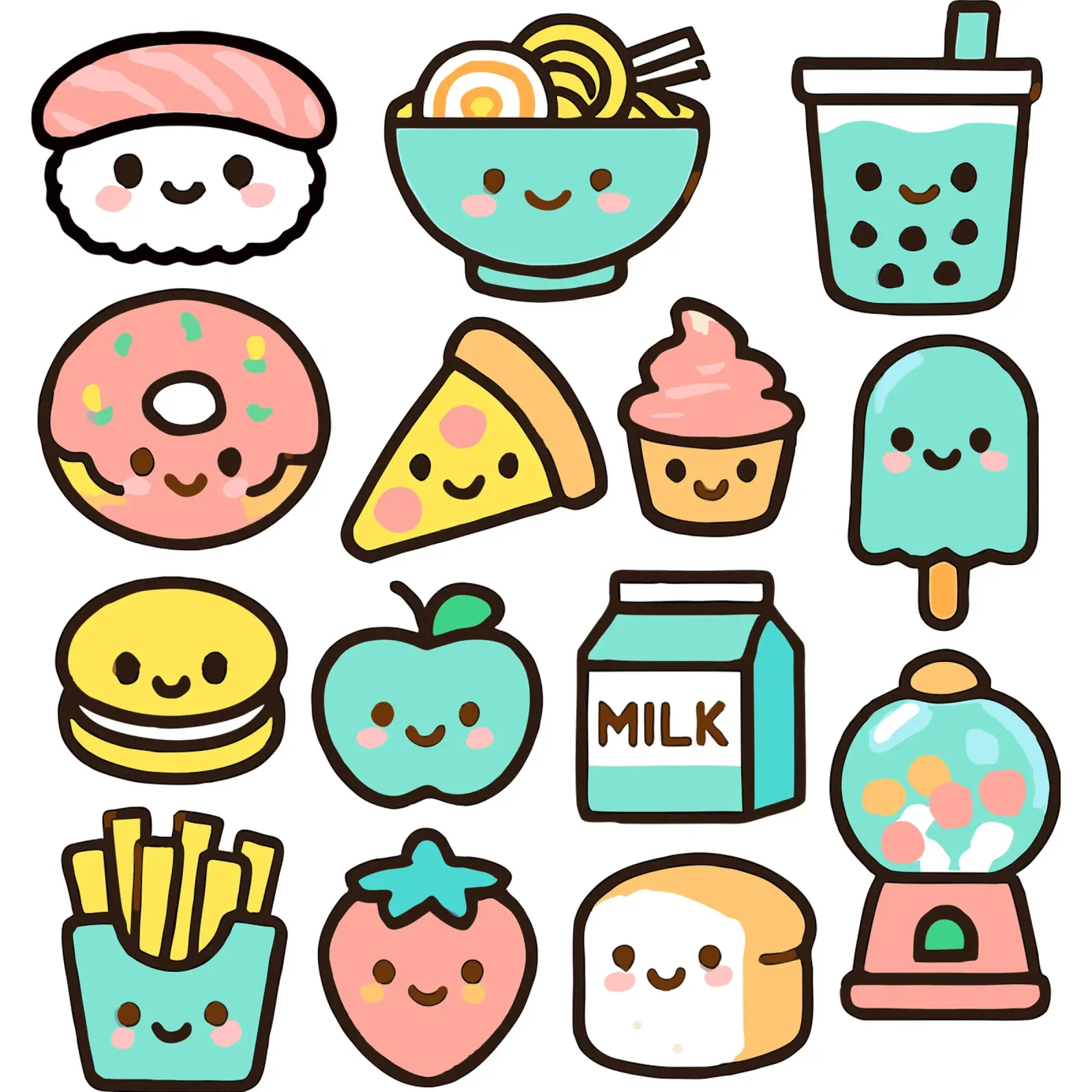 Adorabili amici kawaii del cibo - Icone del cibo carine e giocose poster con telaio in legno da artdesign1985