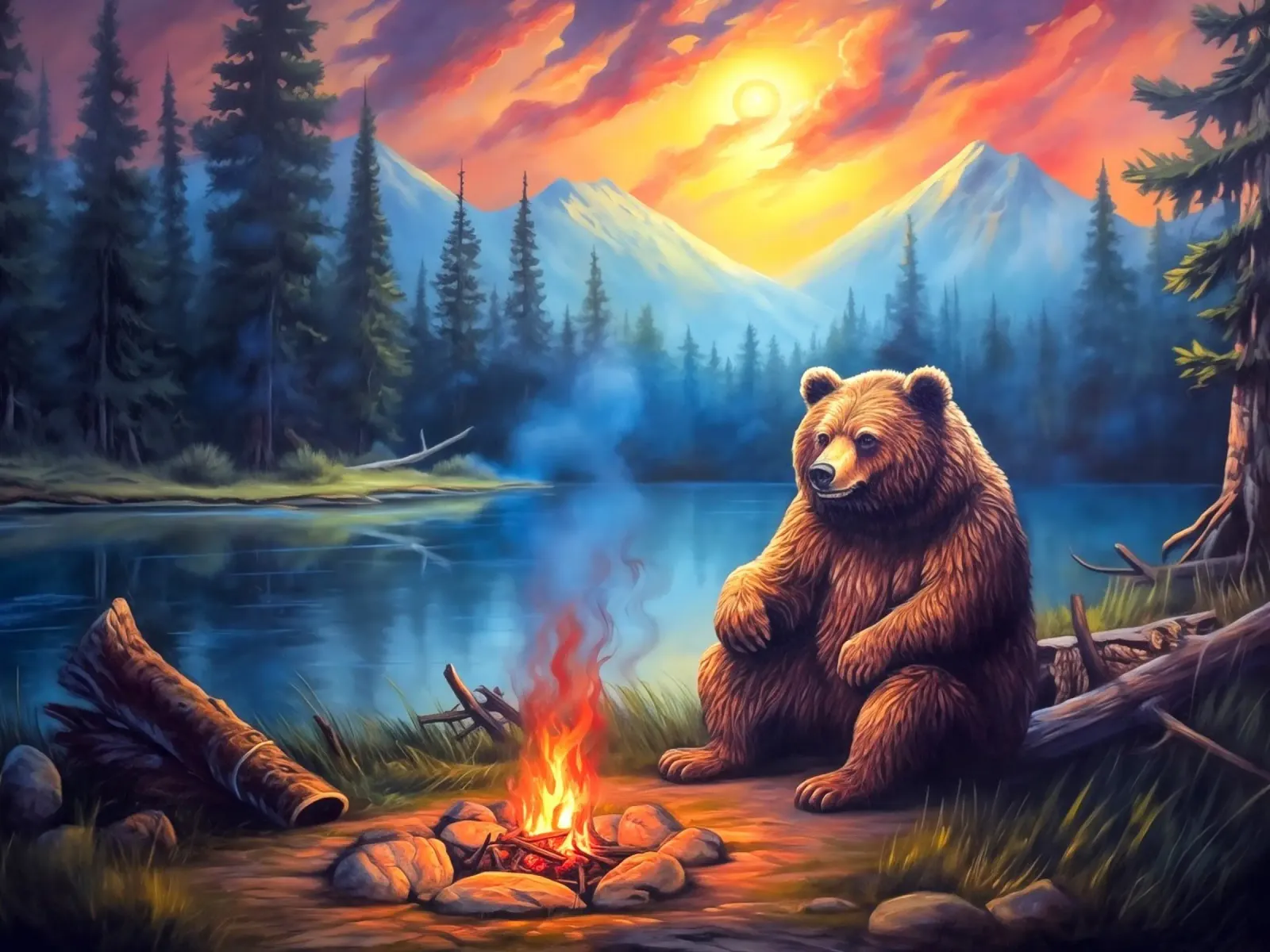 Grizzly beer kampvuur canvas met Baklijst van Fleur de Lys