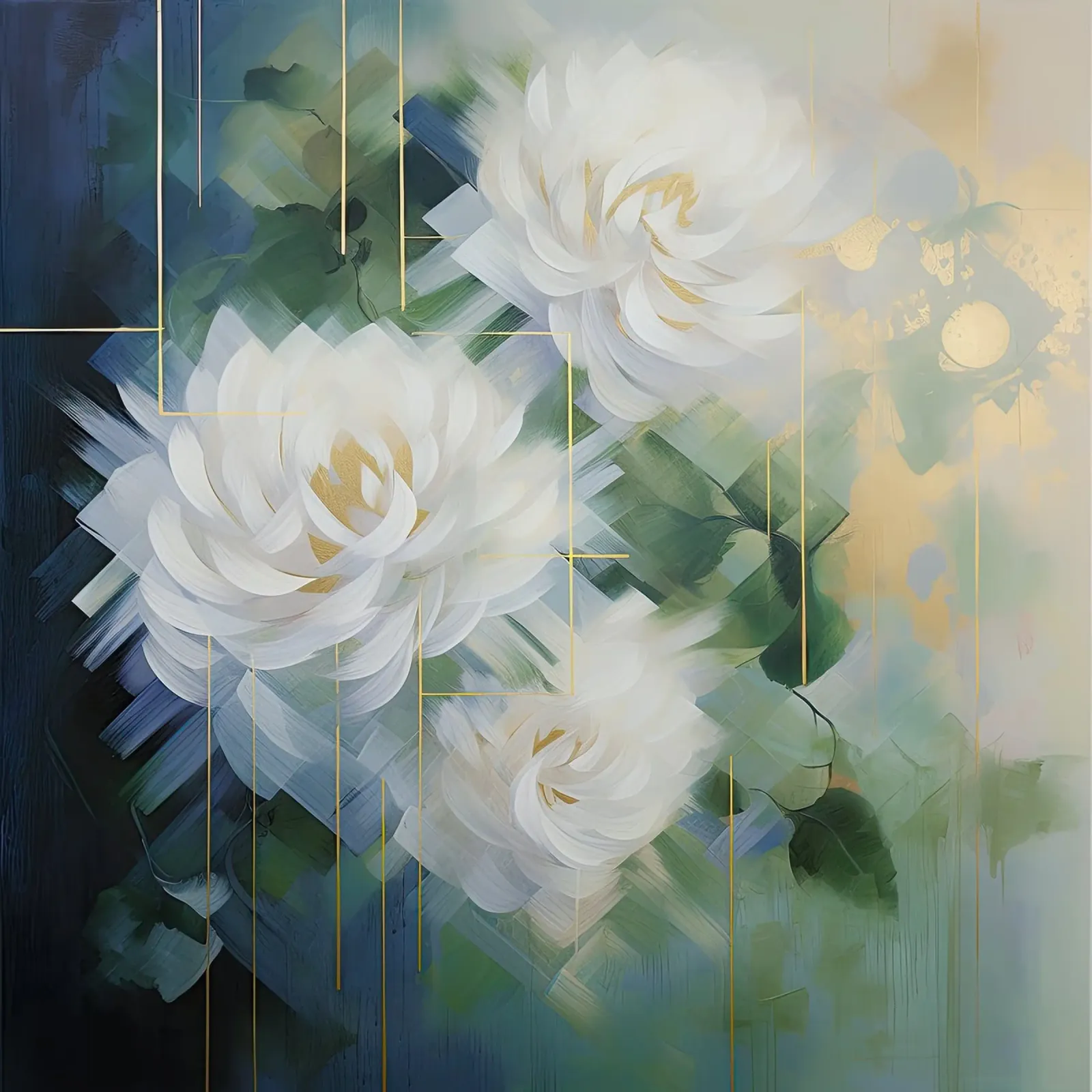 Witte bloemen op groene achtergrond canvas met Baklijst van Imagine