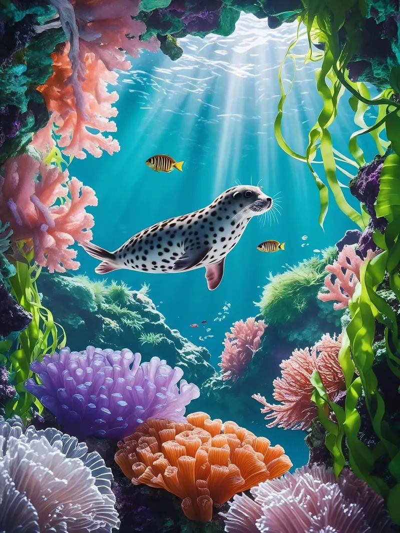 Foca maculata | Paesaggio onirico di una foca (1) pellicola backlit da Trinkets NL Design Studio