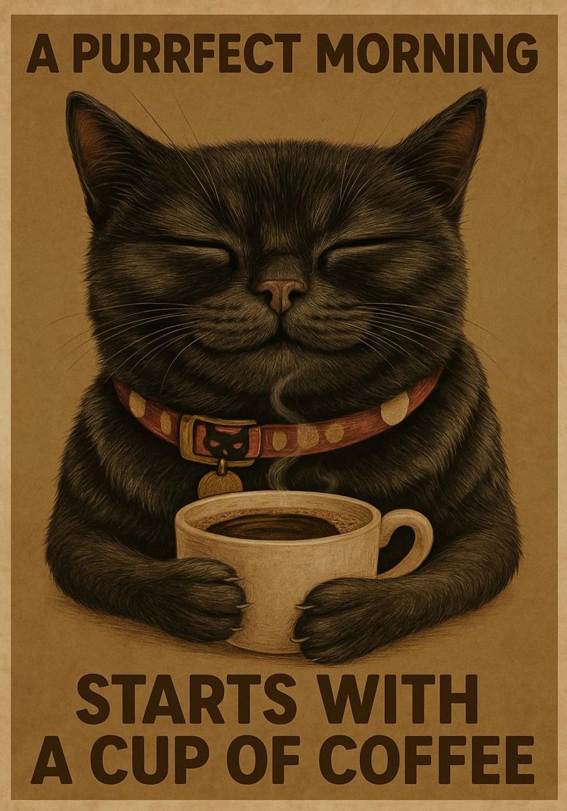 Gatto divertente Una mattina perfetta inizia con una tazza di caffè poster da Rawdenox