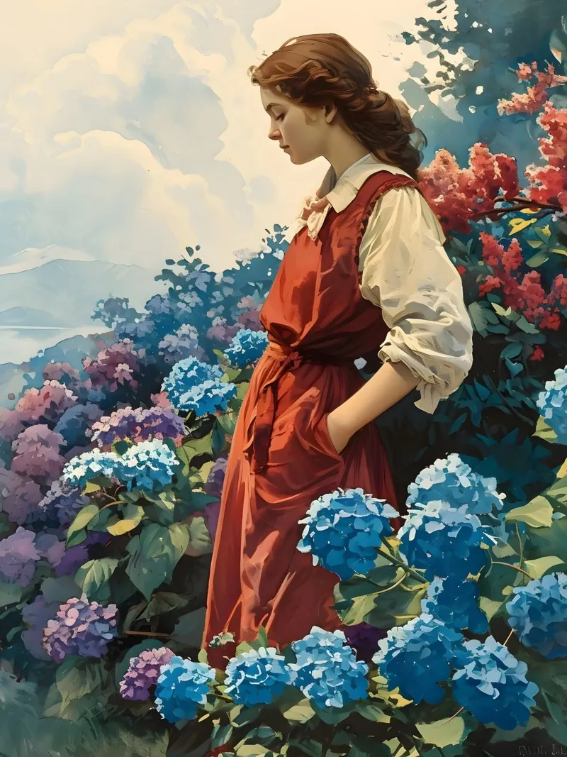 Donna con ortensie vintage poster con telaio in legno da Vintage Travel Art