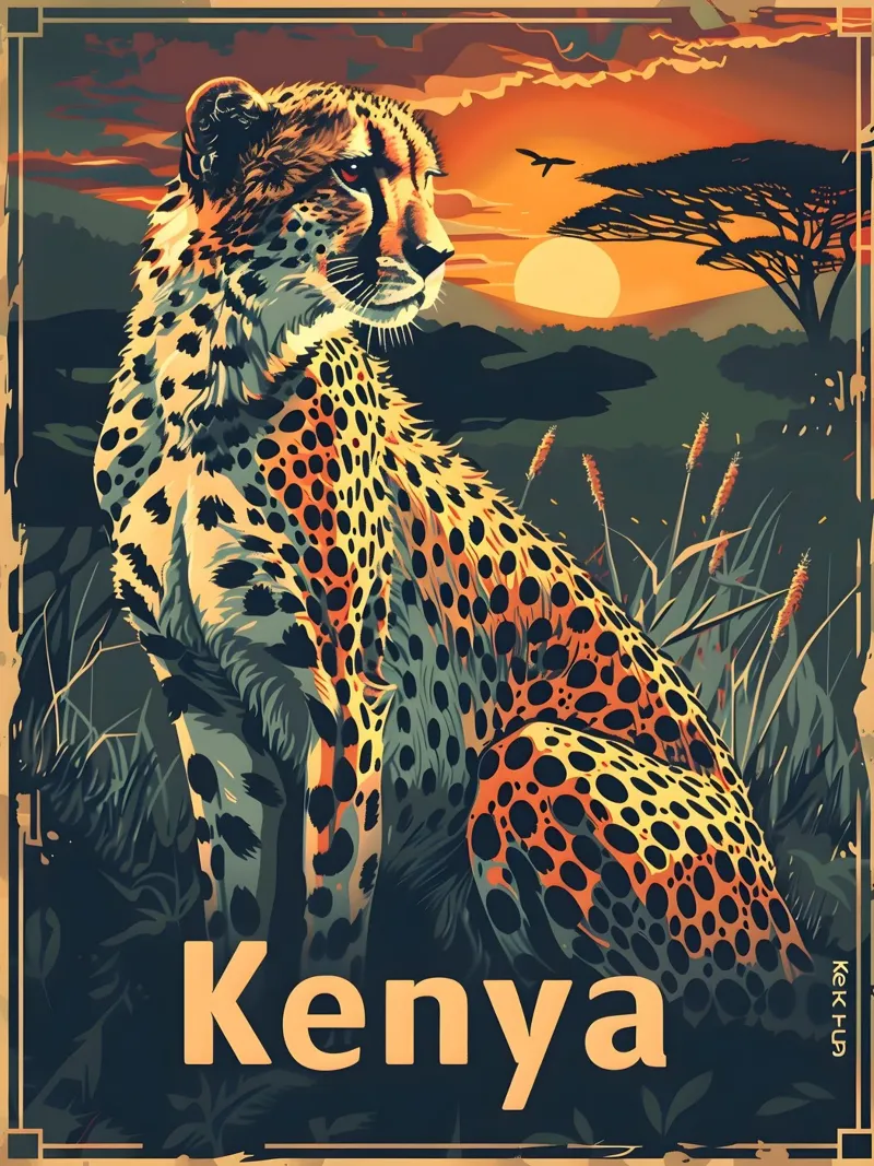 Ghepardo Kenya Vintage poster con telaio in legno da Vintage Travel Art