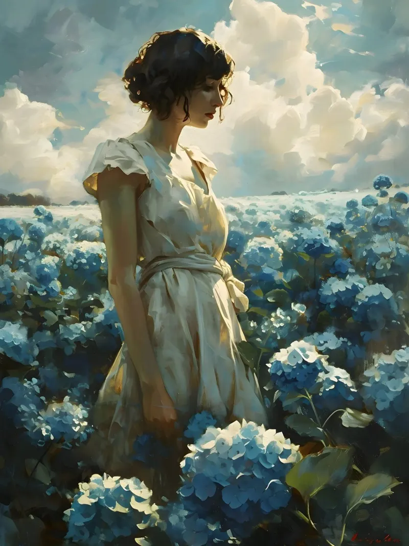 Donna circondata da ortensie pellicola backlit da Vintage Travel Art