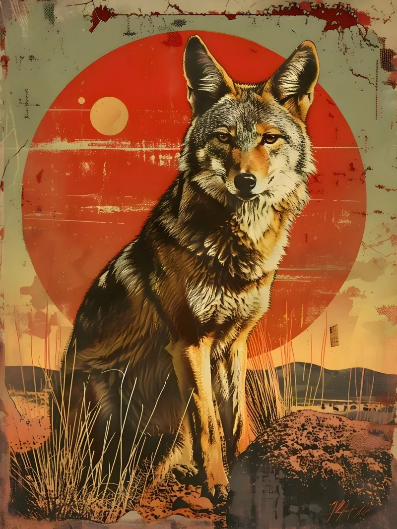 Ritratto d'epoca del coyote poster con telaio in alluminio da Vintage Travel Art