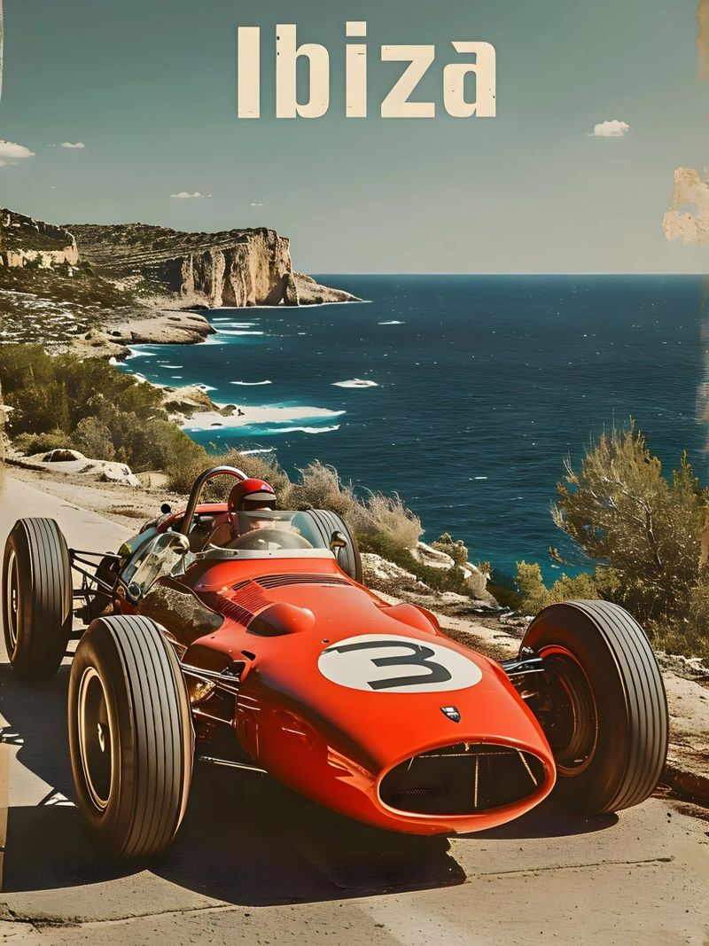 Ibiza Oldtimer-Rennwagen Poster von Vintage Travel Art