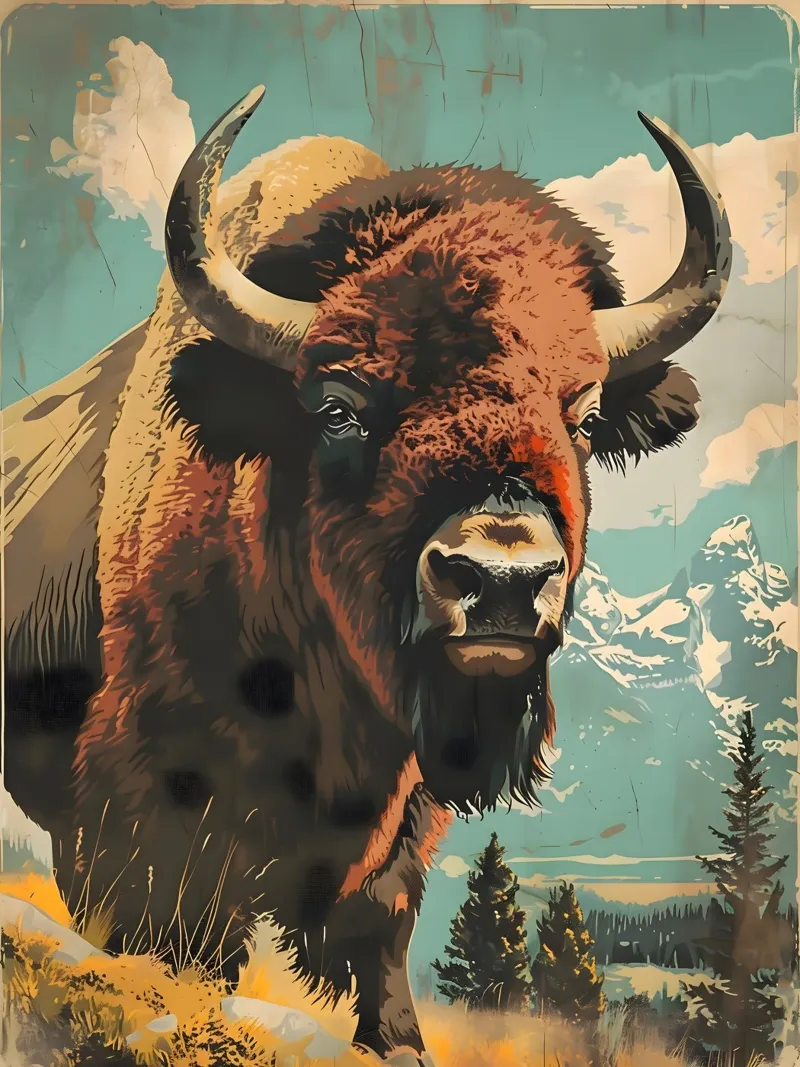 Bisonte vintage Portait poster con telaio in alluminio da Vintage Travel Art