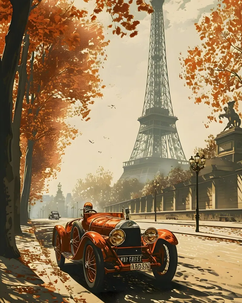 Parigi auto d'epoca Torre Eiffel poster con telaio in alluminio da Vintage Travel Art