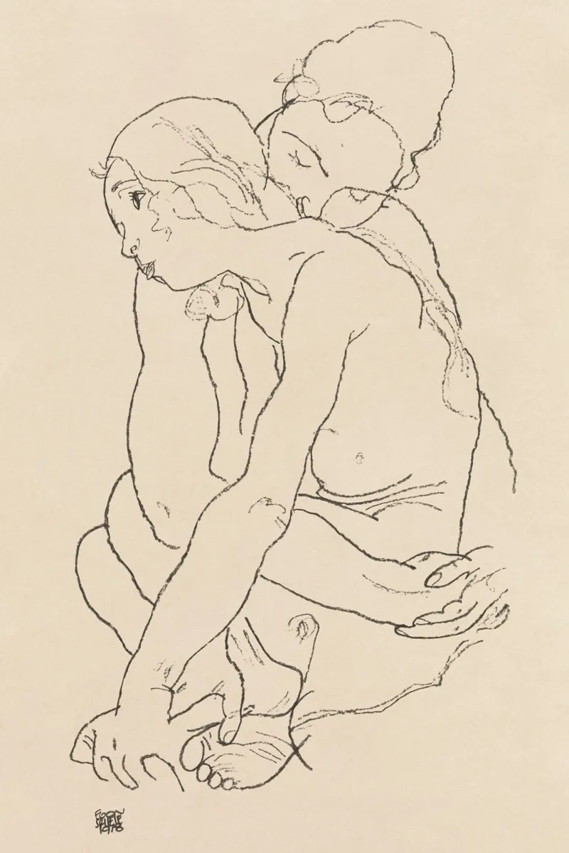 Egon Schiele - Donna e ragazza abbracciate (1918) pellicola backlit da Wirla